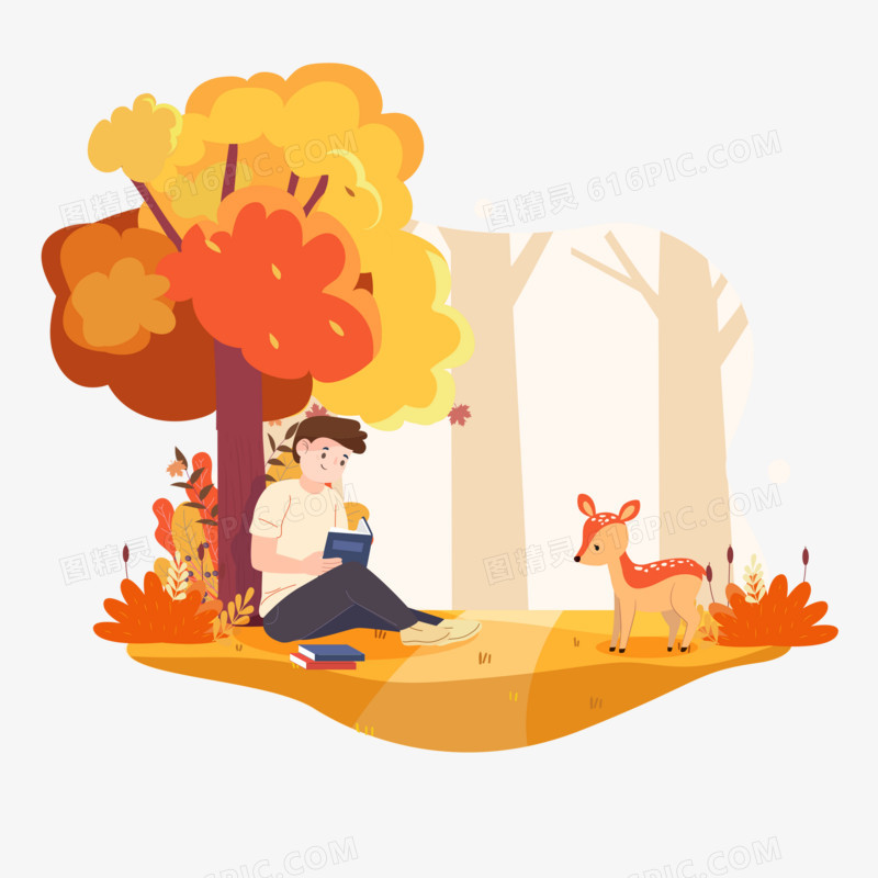 扁平插画风男孩在秋季的公园里阅读场景元素