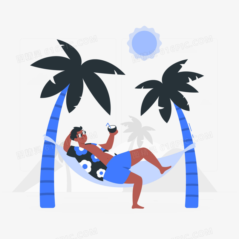 扁平插画风男孩坐吊篮在海边度假场景元素