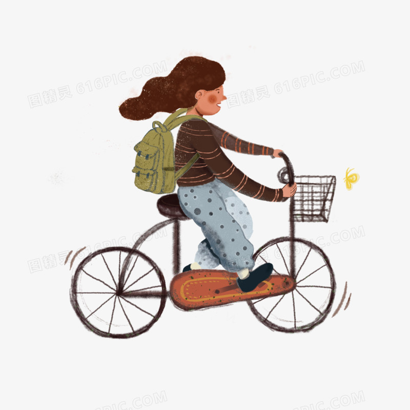 清新卡通风女孩骑自行车手绘插画元素