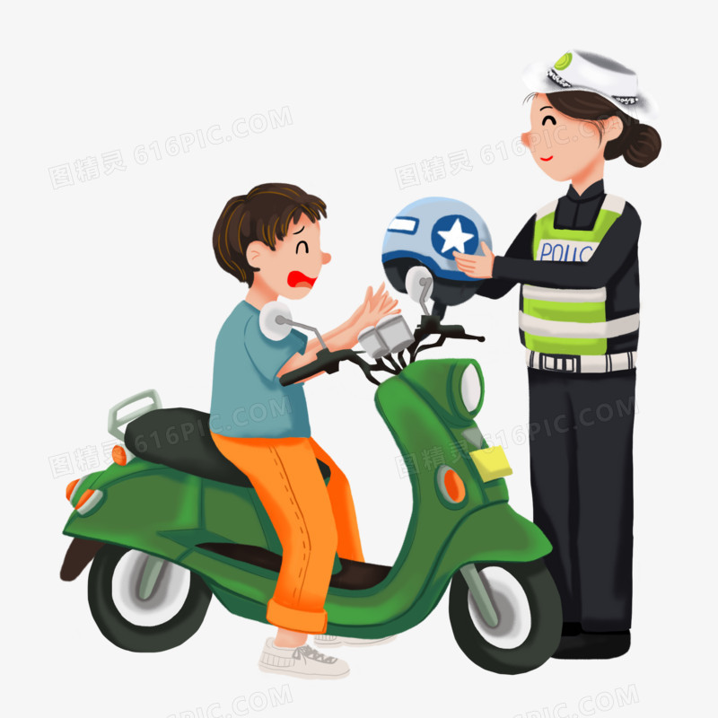交警提醒骑电动车戴头盔卡通手绘素材