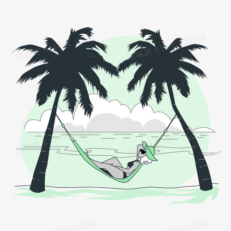 线条插画风女孩坐吊篮在海边度假场景元素