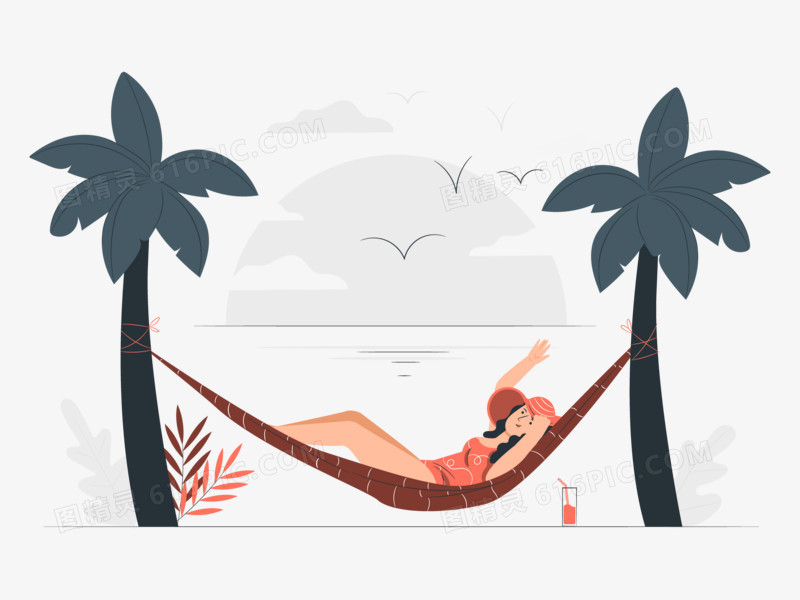 扁平插画风女孩坐吊篮在海边度假场景元素