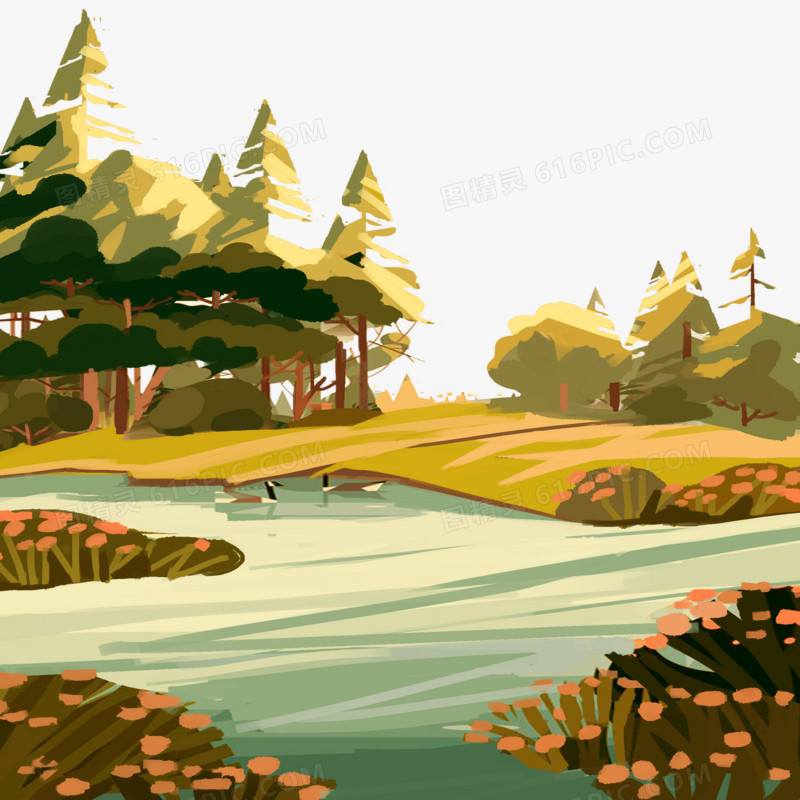 秋天池塘边的水鸭插画元素