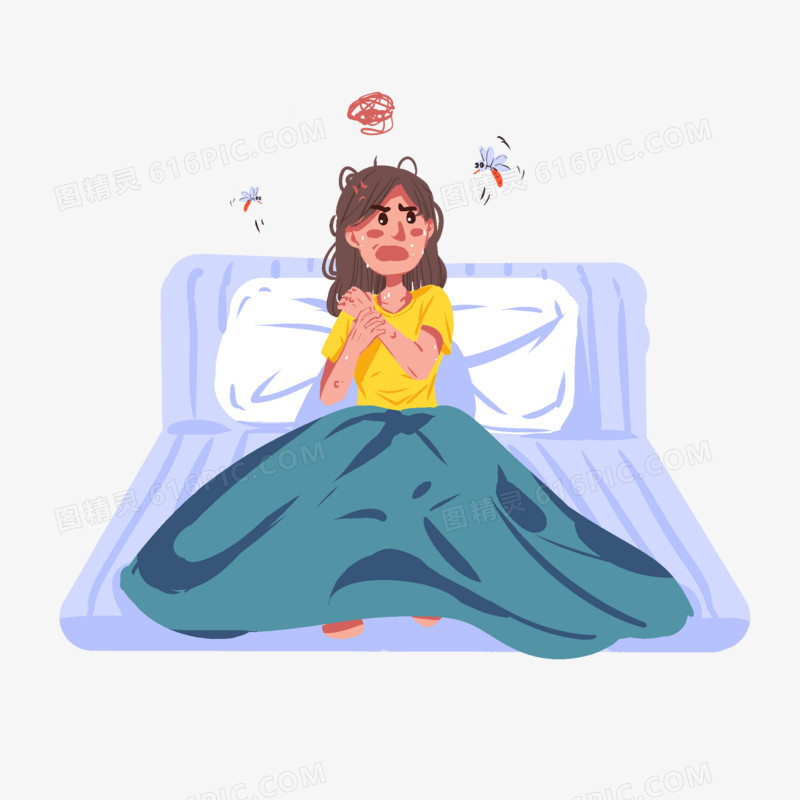 夏季女生躺床上被蚊子咬插画元素