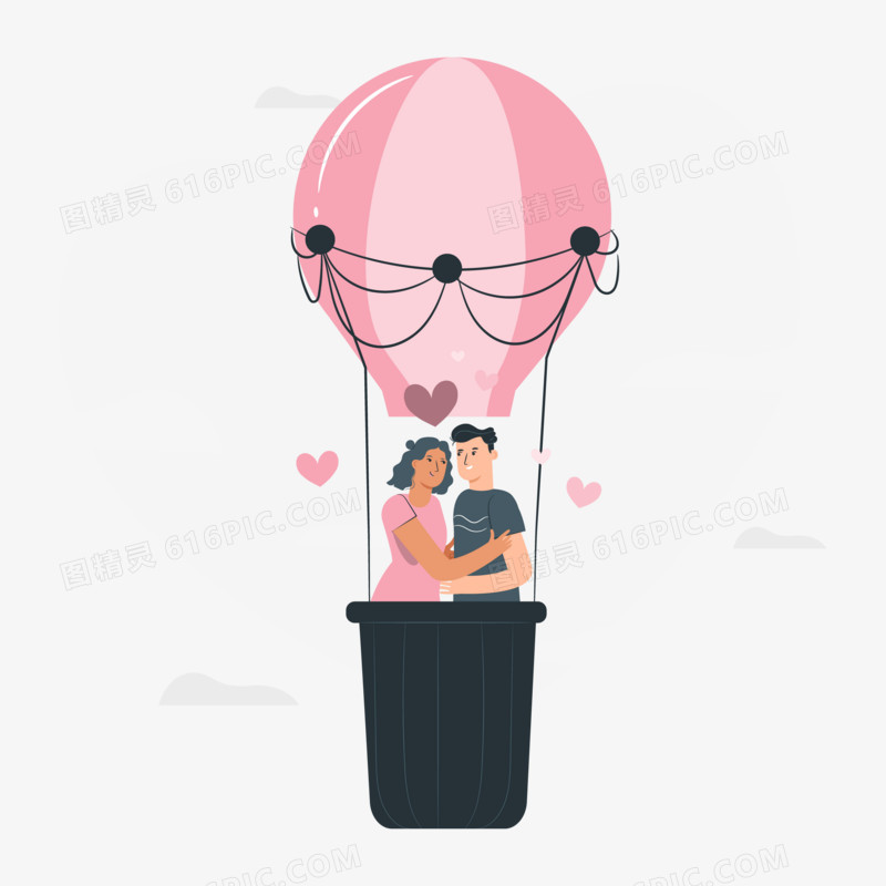 插画风情侣做热气球场景元素