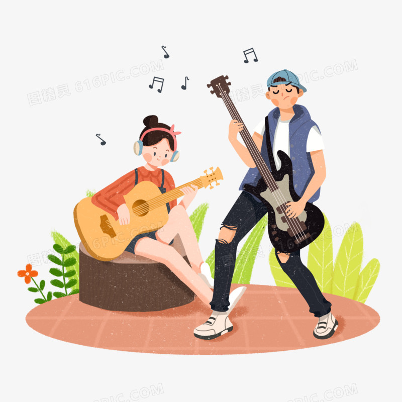 年轻人玩吉他乐器场景插画元素