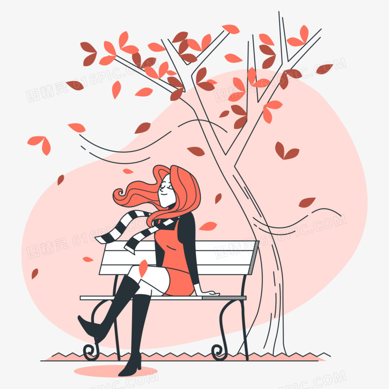 女生坐在长椅上感受秋风插画元素