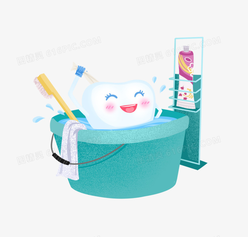 插画风拟人化牙齿洗澡创意元素