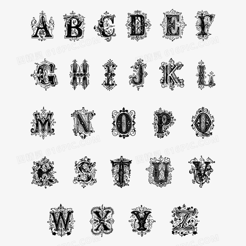 免抠手绘26字母黑色装饰元素
