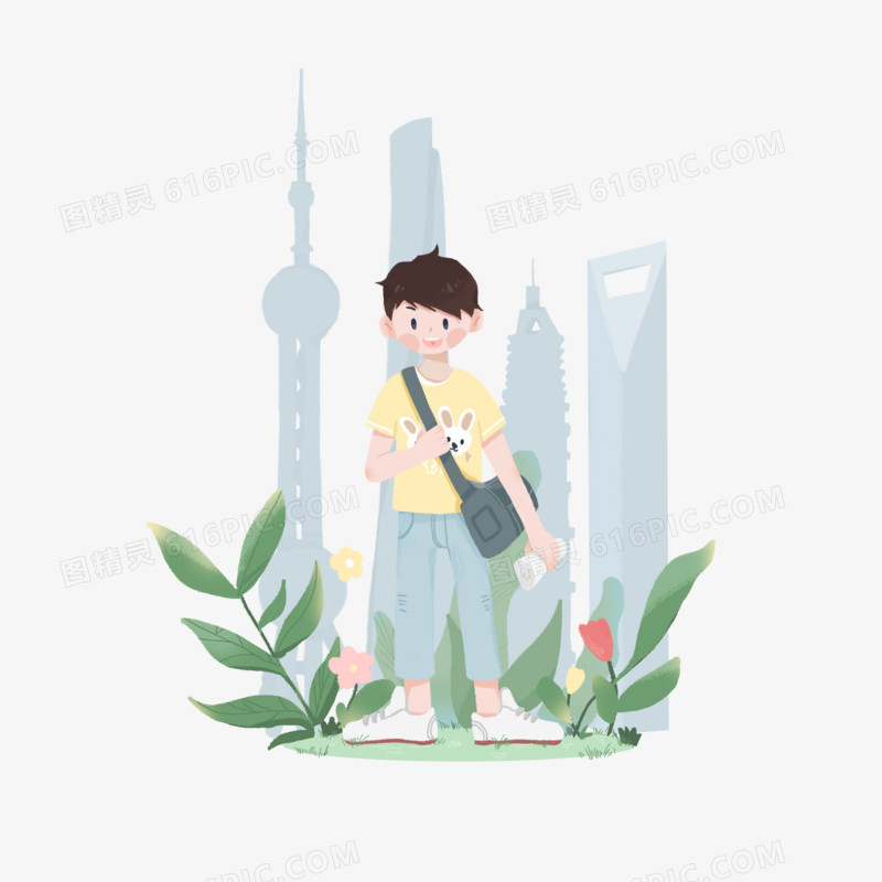 扁平手绘小清新风格男孩来上海旅游