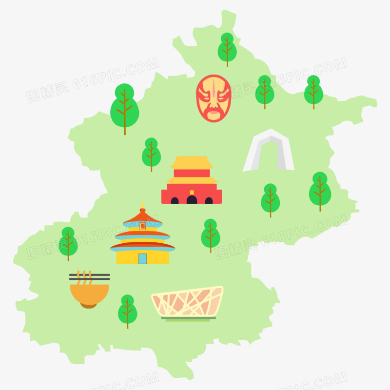绿色扁平创意北京旅游地图元素