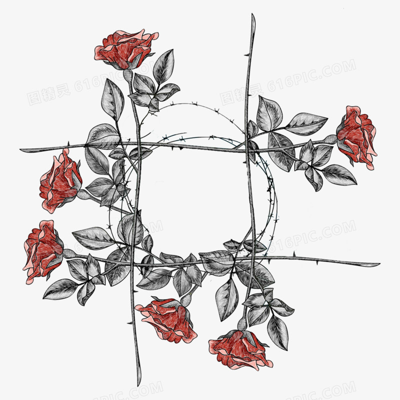 手绘水彩玫瑰花枝装饰边框元素