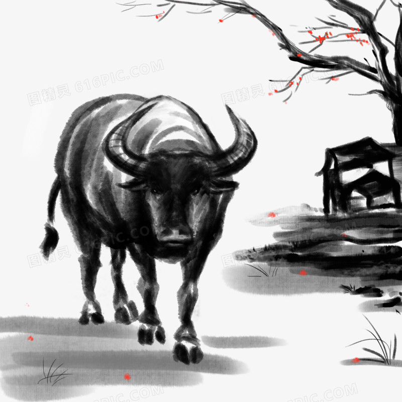 手绘中国风水墨大黑牛年免抠素材