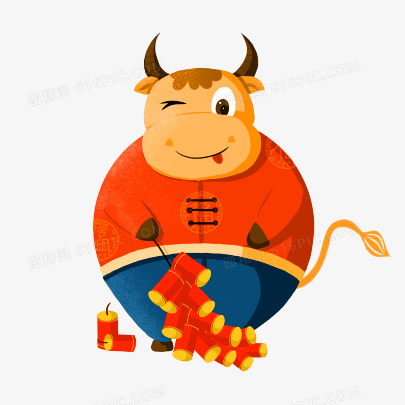 插画风可爱牛年形象拿着鞭炮的牛牛