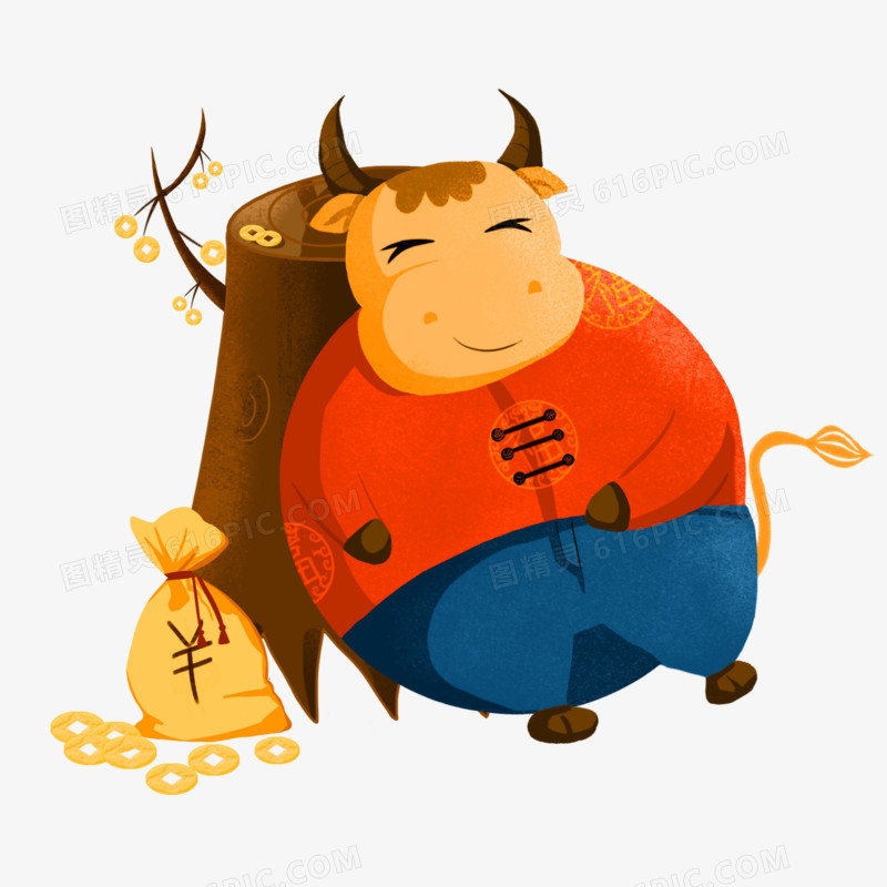 插画可爱牛年形象靠着发财树的牛