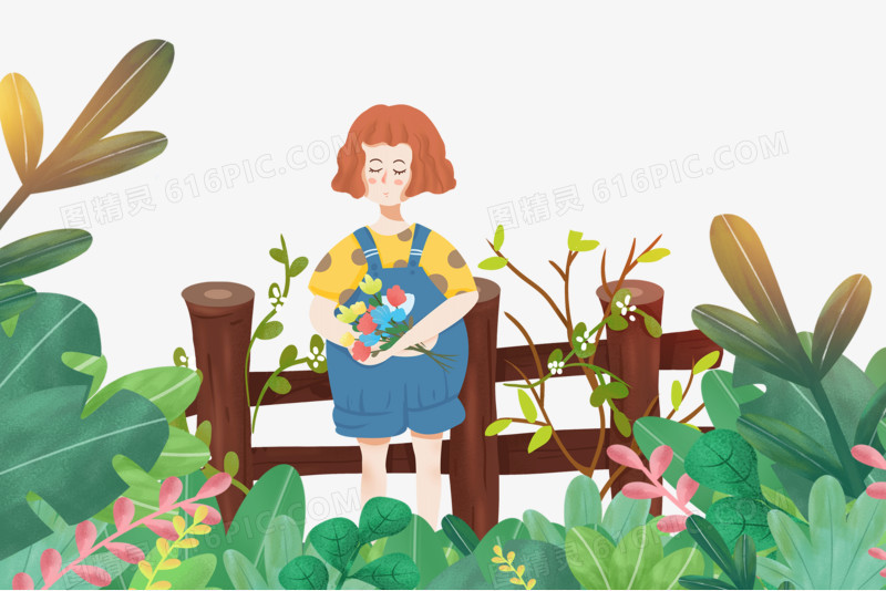 手绘插画风女孩在花园赏花元素