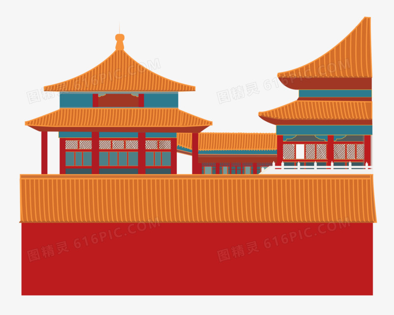 手绘古代建筑中国古代红色新年春节装饰图案中国故宫古代建筑矢量中国
