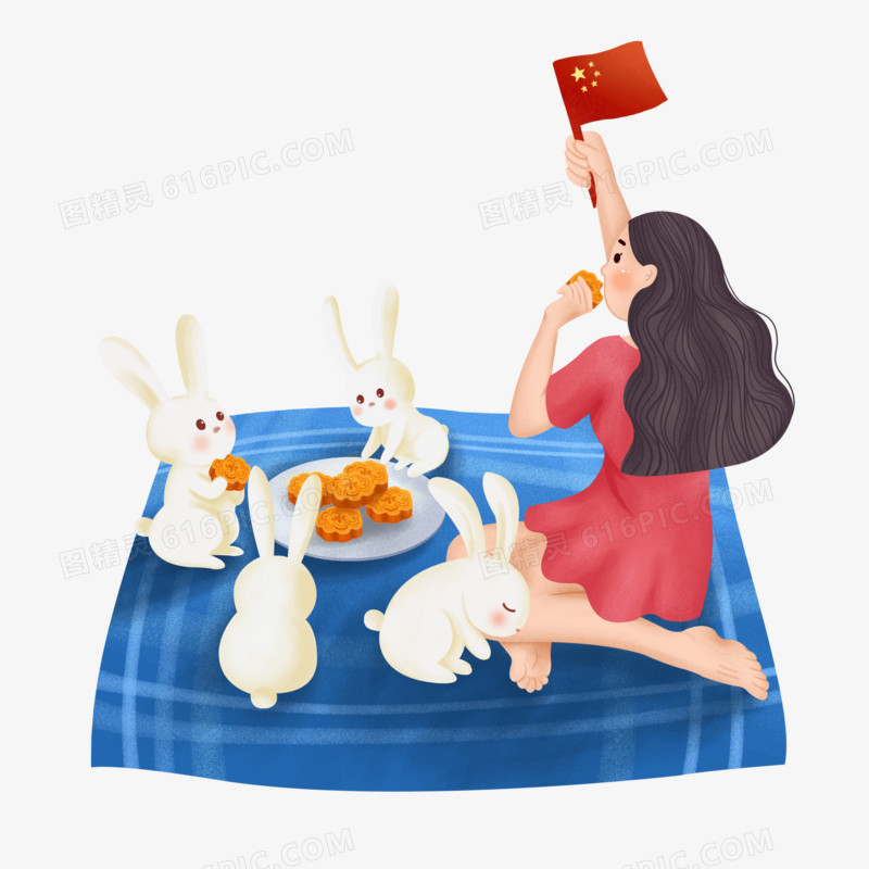 手绘卡通女孩和玉兔一起吃月饼庆祝中秋国庆免抠元素
