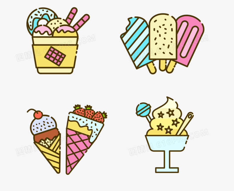 一组线条风可爱冰淇淋图标元素