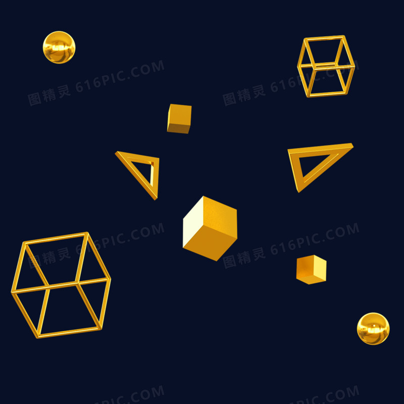 金色C4D立体漂浮几何图形元素