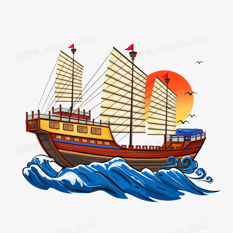 手绘帆船国潮风的船只免抠素材