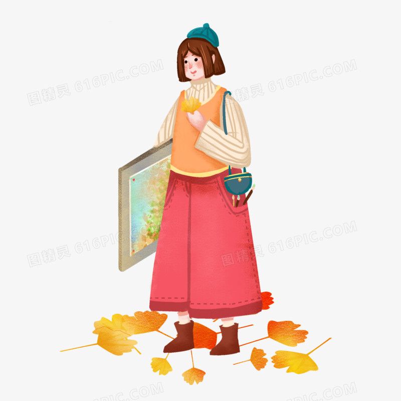 秋天唯美手绘女孩抱着话框元素