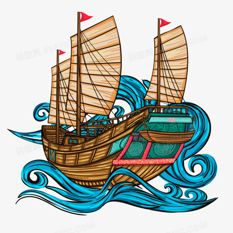 手绘大帆船国潮风的船只免抠素材