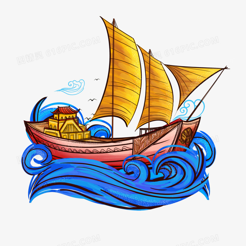 手绘中式卡通帆船国潮风的船只素材