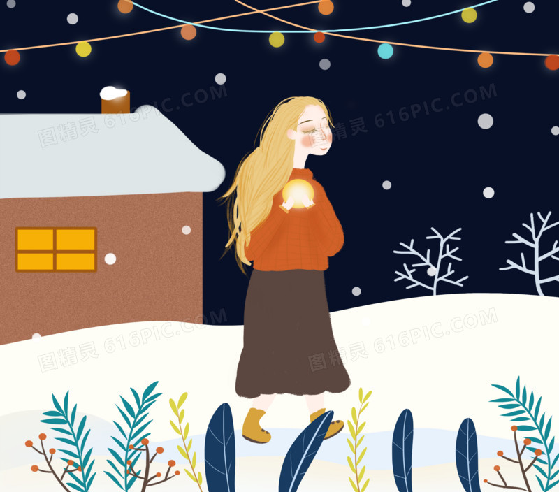 手绘冬夜女孩在雪地里走路场景元素