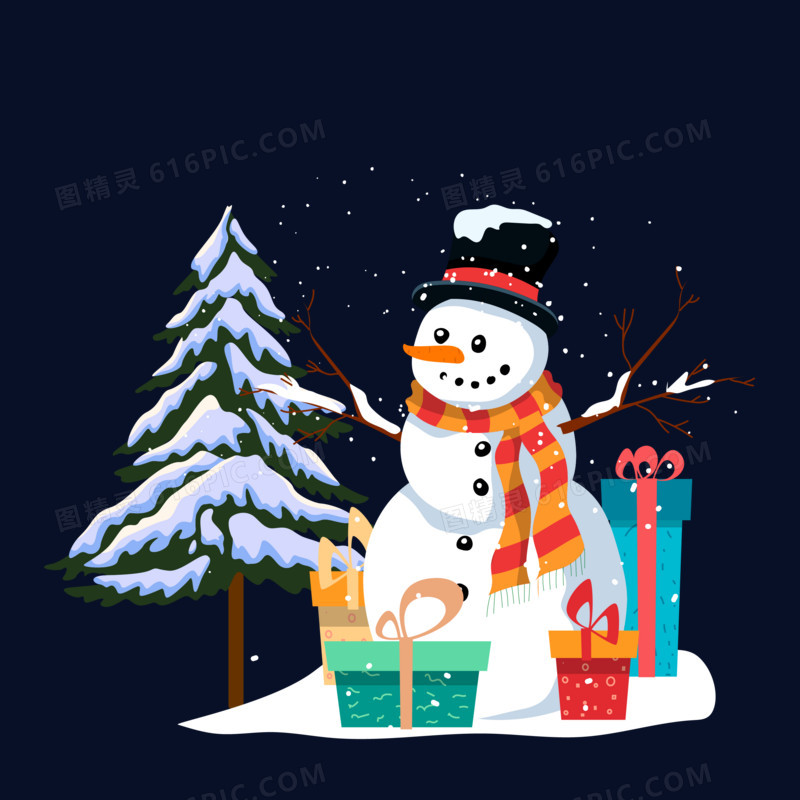 冬天雪地圣诞树和雪人元素
