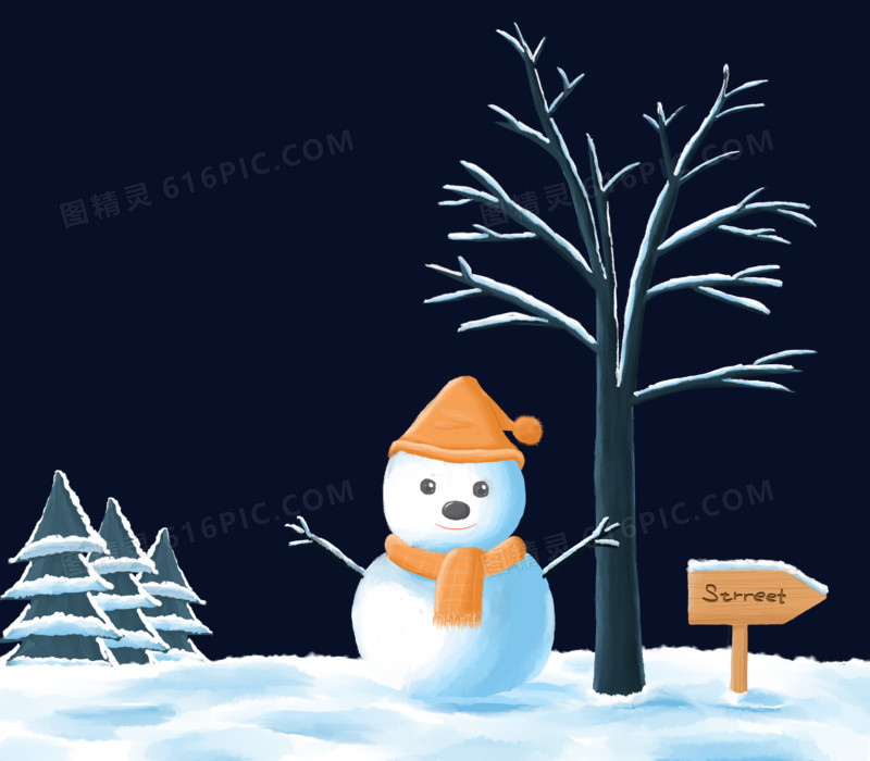 手绘卡通雪人雪景雪树场景元素
