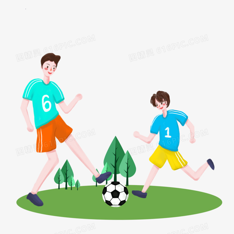 卡通手绘父子踢足球场景插画元素