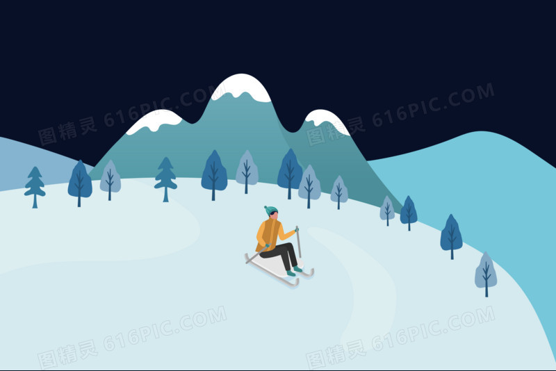 扁平冬天滑雪场景元素