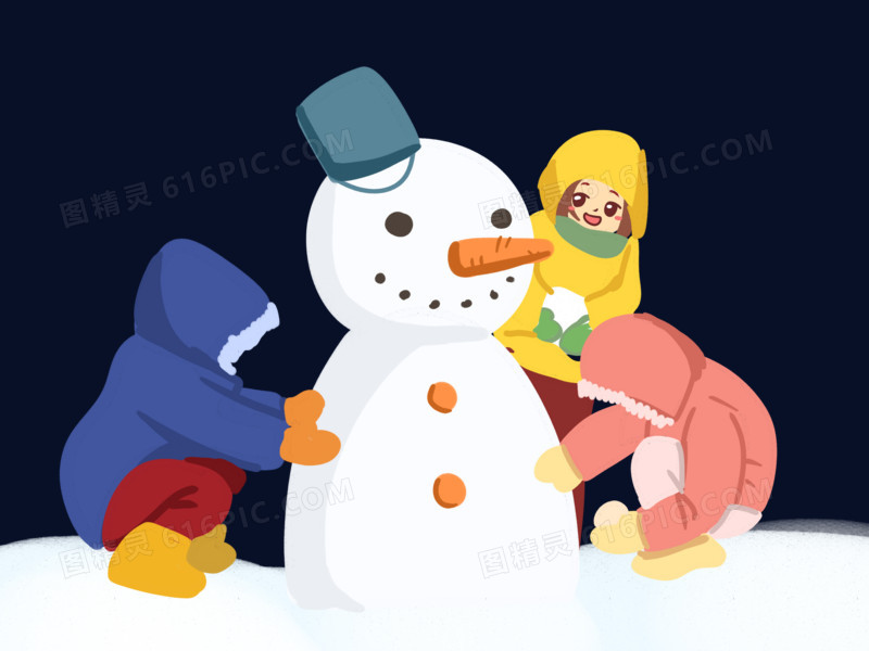 儿童冬季堆雪人游戏场景素材