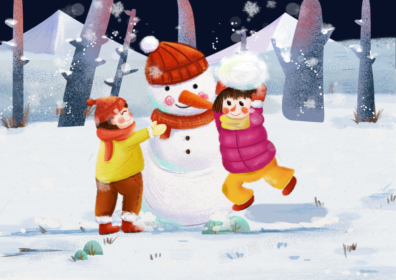 场景雪人人物手绘插画风图精灵为您提供冬天小伙伴一起堆雪人场景元素