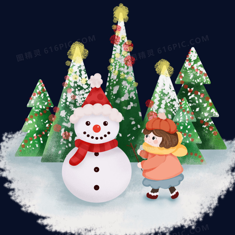 冬天小女孩在雪地堆雪人卡通插画场景元素