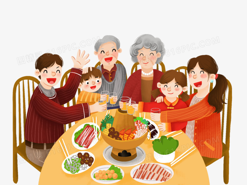 新年全家人吃年夜饭场景卡通手绘元素