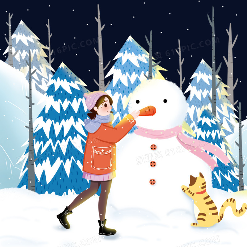 大雪天和小猫堆雪人创意插画风素材