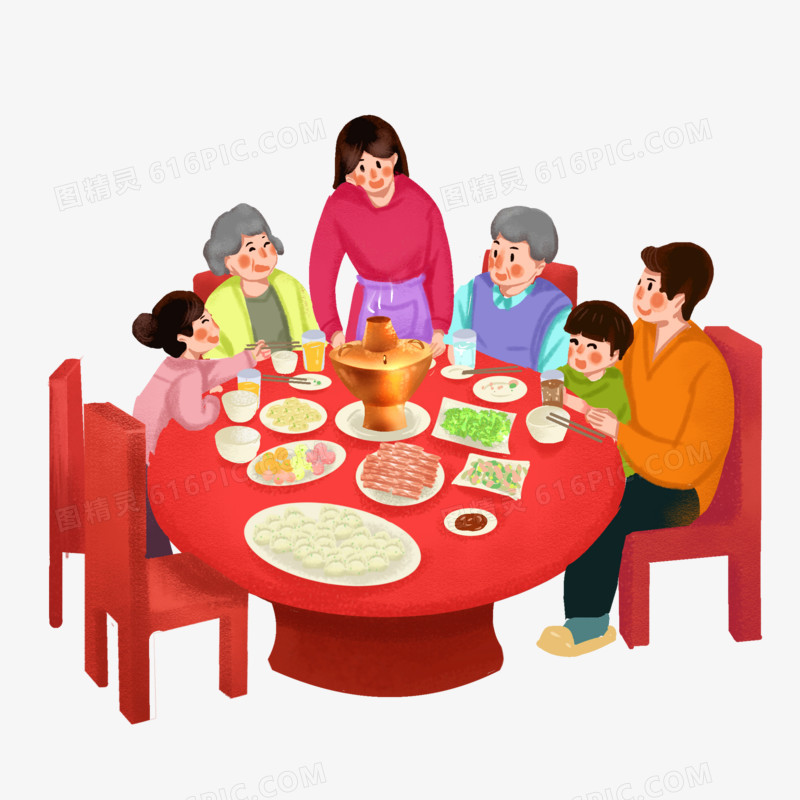 一家人吃年夜饭手绘插画元素