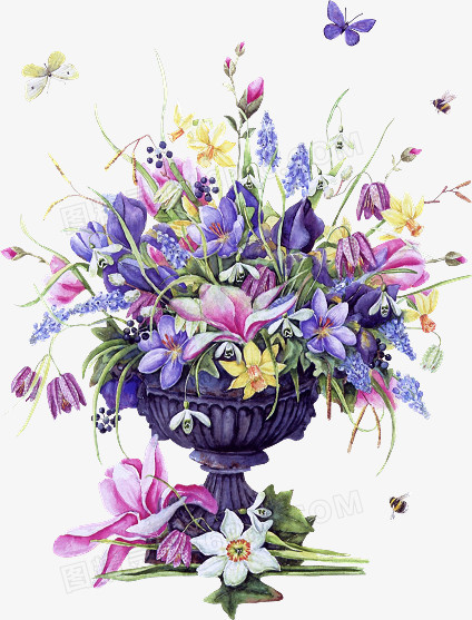 手绘花饰图标仙境素材 花束 花朵 蝴蝶 唯美 紫色花 森系复古 花簇