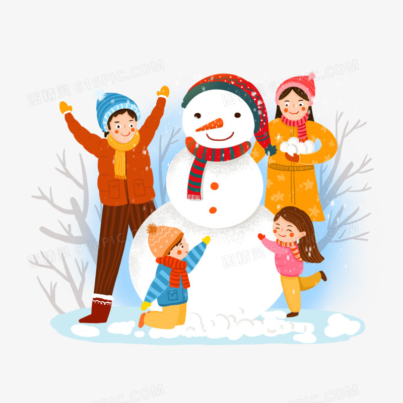 一家人冬天在室外堆雪人场景元素
