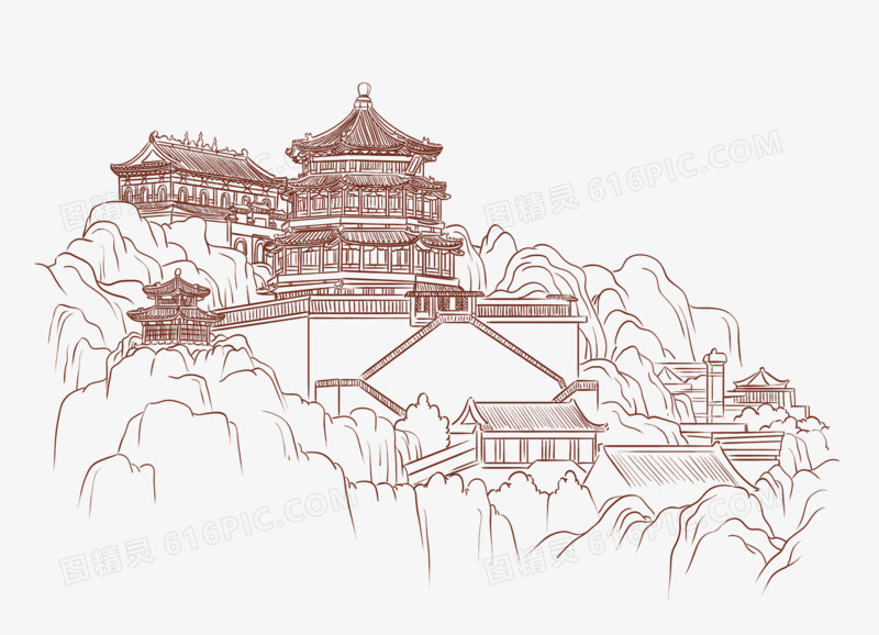 元素免抠旅游景点建筑物北京宫殿建筑手绘白描线稿装饰颐和园