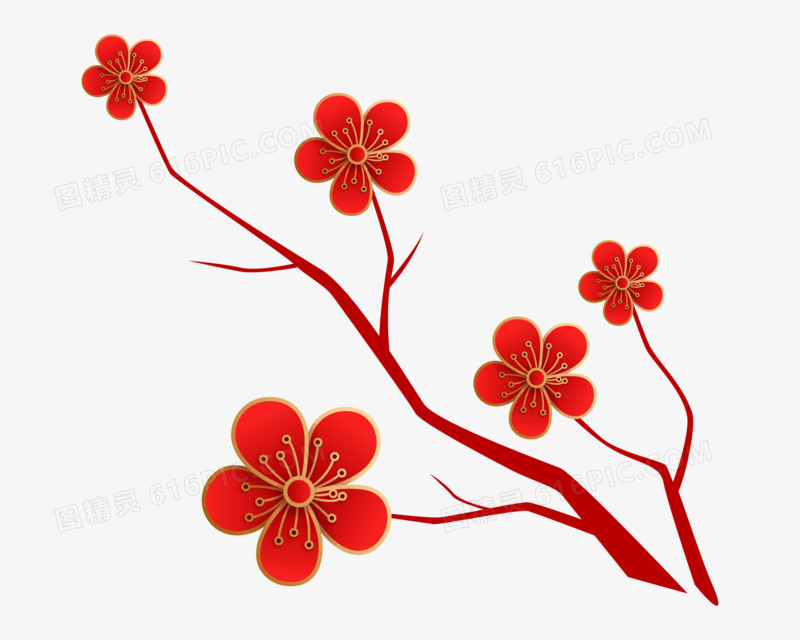 剪纸风红色花朵花枝免抠装饰元素