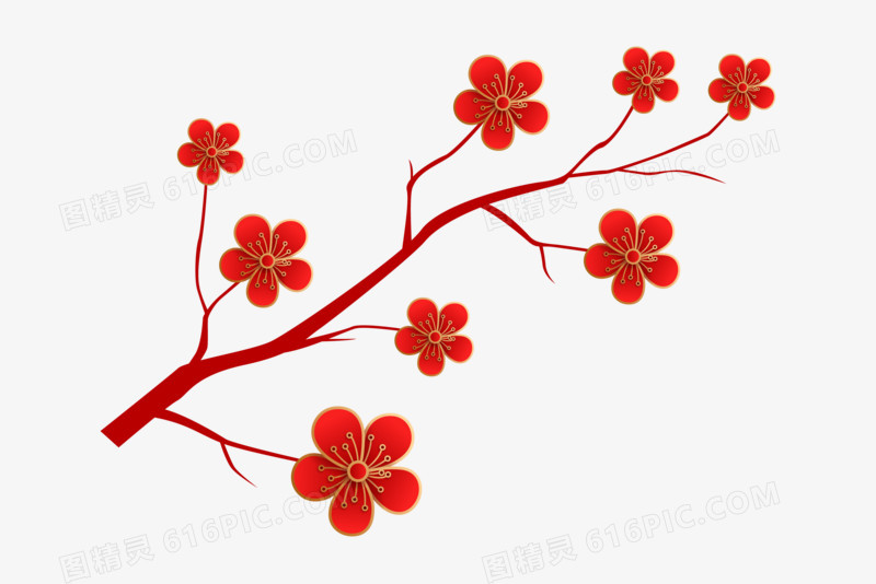 剪纸风红色花朵花枝免抠元素