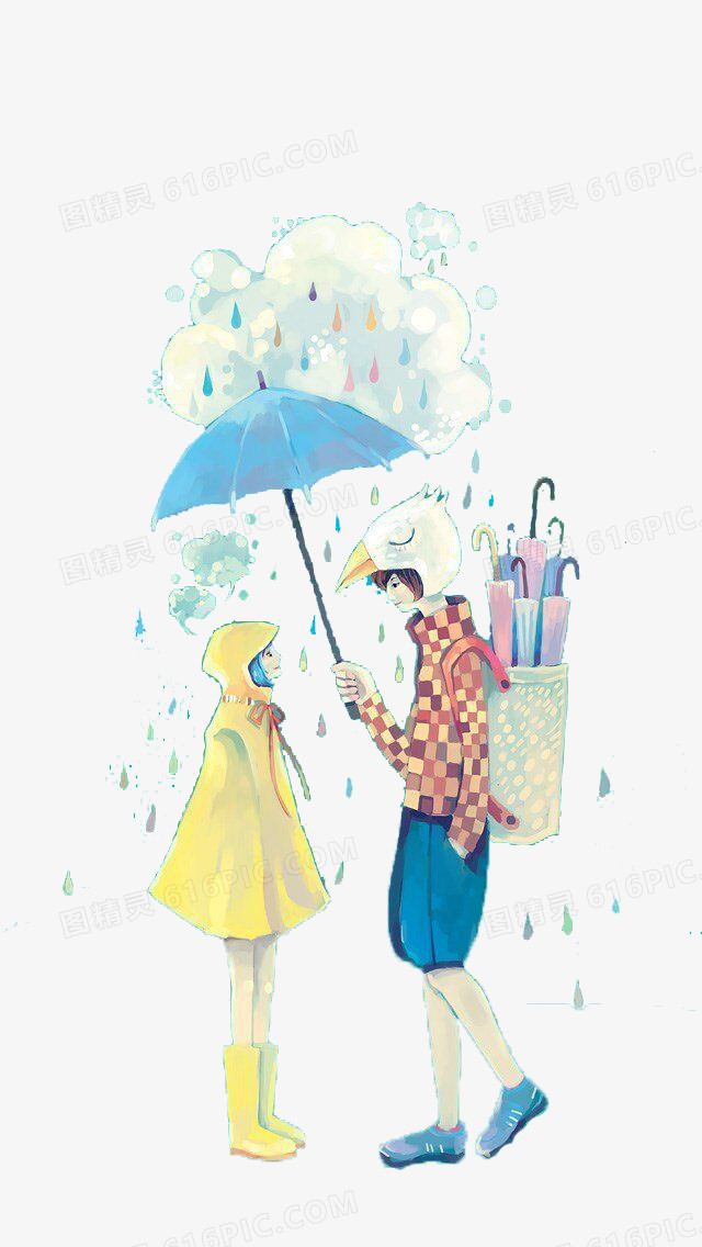 卡通手绘男孩女孩爱情雨伞下雨