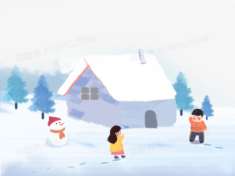 手绘冬日孩子在户外打雪仗场景元素