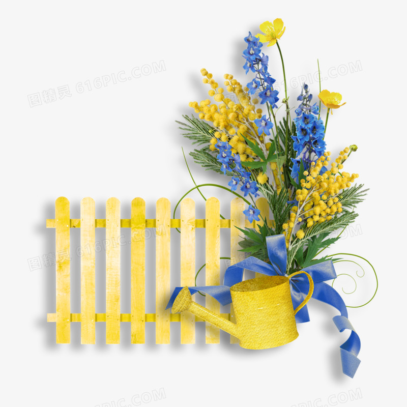 栅栏 浇花水壶 黄色花 png素材