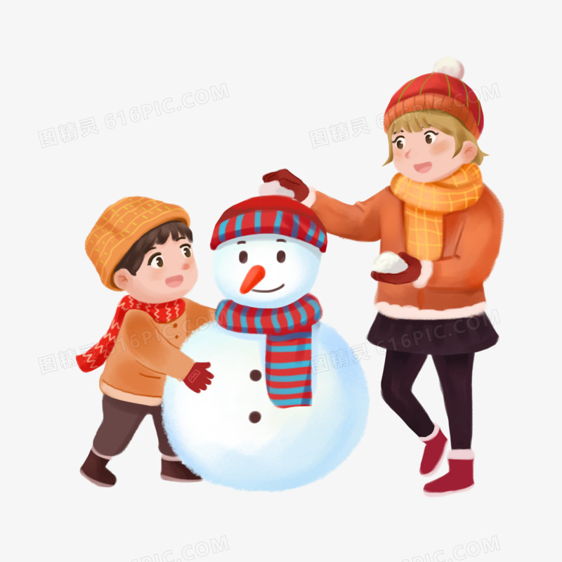 手绘插画风姐姐和弟弟堆雪人场景元素