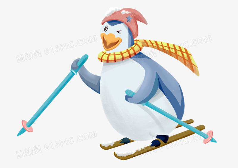 手绘冬季小企鹅滑雪创意场景免抠素材