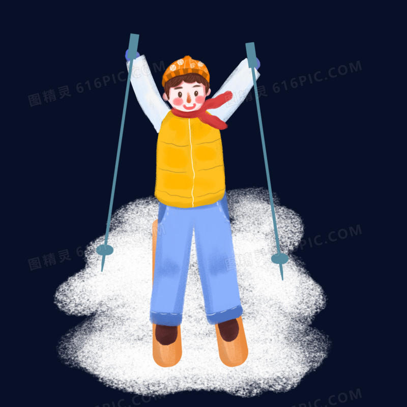 小清新手绘滑雪的小男孩场景插画元素